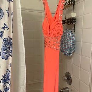 Coral Beaded Prom Dress with Train